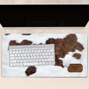 Brown White Spotted Faux Cow Fur and Leather  Desk Mat