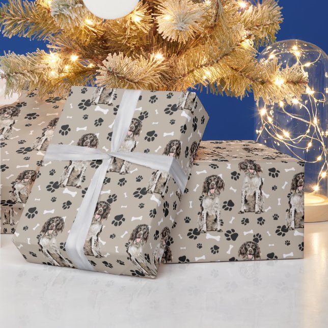 Brown White Springer Spaniel Dog Paw Prints Wrapping Paper (Holidays)