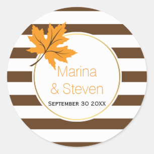 Brown white stripes and maple leaf fall wedding classic round sticker
