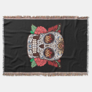 Brown White Tattoo Sugar Skull Pink Roses Throw Blanket