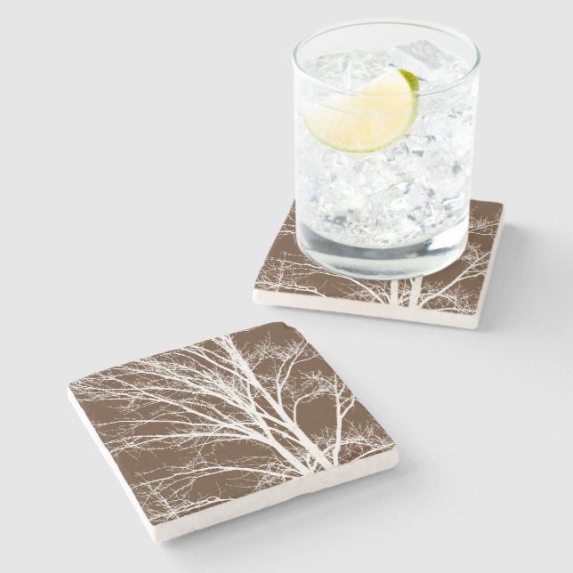 Brown White Tree Branches Stone Coaster (Side)