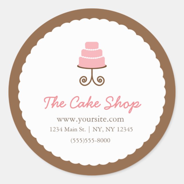 Brown & White with Pink Cake Bakery Sticker Label (Front)