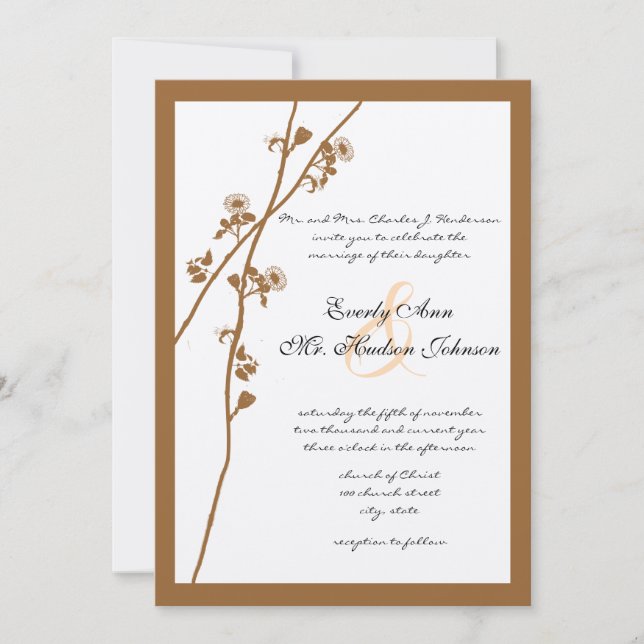 Brown Wild Flower Branch Wedding Invitation (Front)