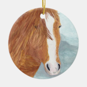 Brown Wild Horse Blue Mountain Lake - acrylic. Ceramic Ornament