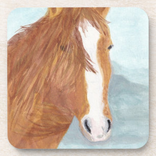 Brown Wild Horse Blue Mountain Lake - acrylic. Coaster