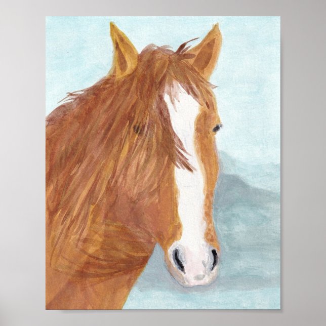 Brown Wild Horse Blue Mountain Lake - acrylic.  Poster (Front)