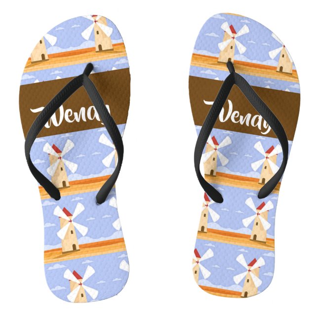 Brown windmills with red roofs pattern thongs (Footbed)