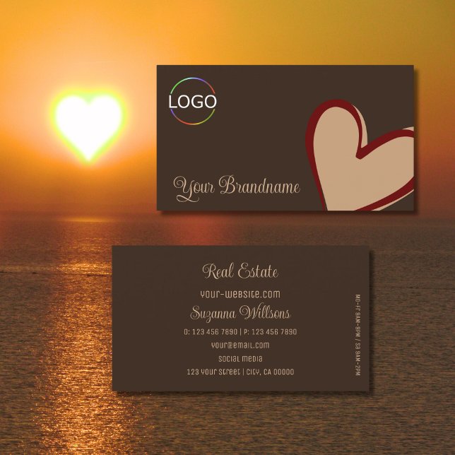 Brown with Gorgeous Red Beige Heart and Logo Cute Business Card (Creator Uploaded)