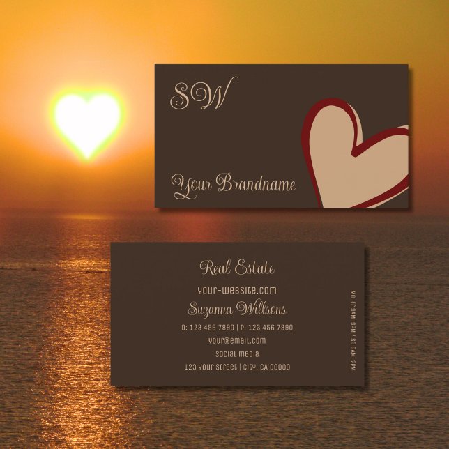 Brown with Gorgeous Red Beige Heart and Monogram Business Card (Creator Uploaded)