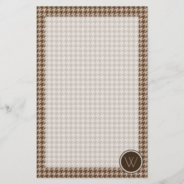 Brown with Rose Gold Accent Houndstooth Stationery (Front)