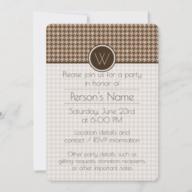 Brown with Rose Gold Houndstooth Party Invitation (Front)