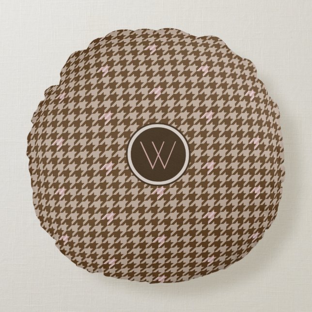 Brown with Rose Gold Houndstooth Round Pillow (Front)