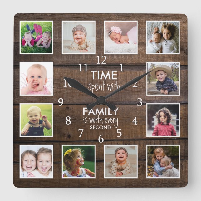 Brown Wood 12 Photo Template Time Family Quote Square Wall Clock (Front)