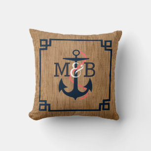 Brown Wood Blue Nautical Boat Anchor & Frame Cushion