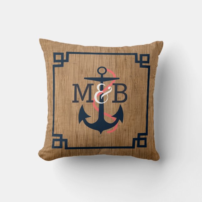 Brown Wood Blue Nautical Boat Anchor & Frame Cushion (Front)