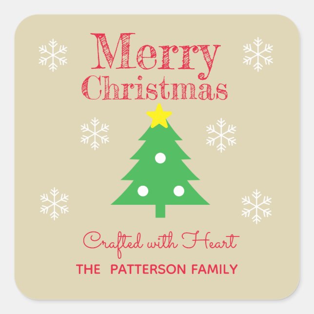 Brown Wood Christmas Red Text Green Tree Creative  Square Sticker (Front)