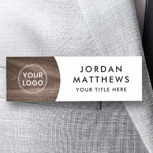 Brown wood custom logo, name and title white tag