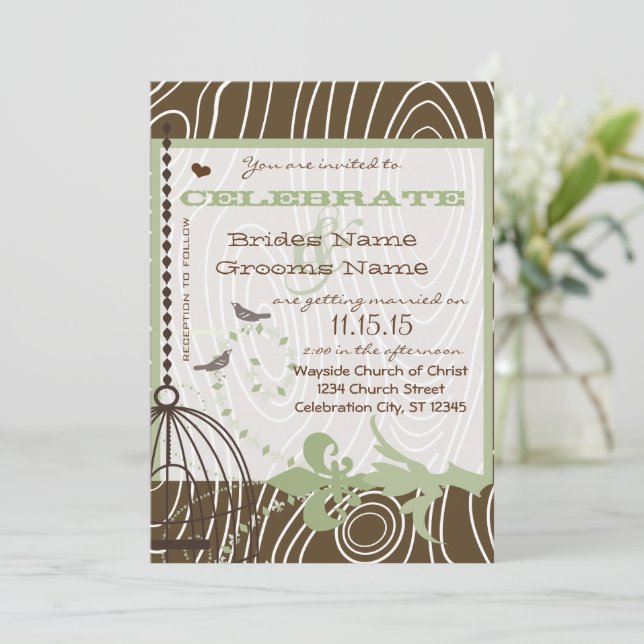 Brown Wood Grain Birds Margarita Green Borders Invitation (Standing Front)