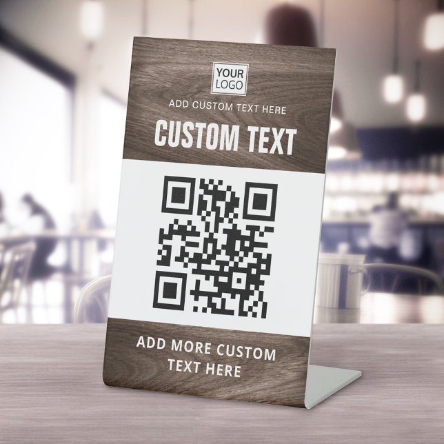 Brown wood grain look custom logo QR code and text Pedestal Sign (Creator Uploaded)