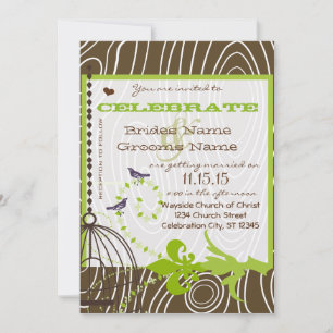 Brown Wood Grain Love Birds Apple Green Borders Invitation