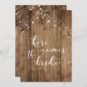 Brown Wood Lights Here Comes the Bride Dog's Sign Invitation