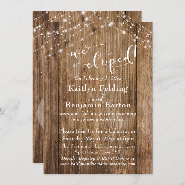 Brown Wood Lights We Eloped Typography, Reception Invitation (Front/Back)