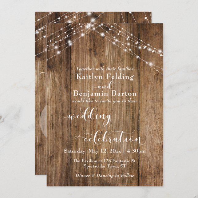 Brown Wood Lights Wedding Celebration Calligraphy Invitation (Front/Back)