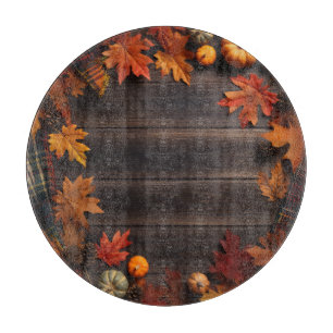 BROWN WOOD LOOK PLANKS WITH FALL LEAVES CUTTING BOARD
