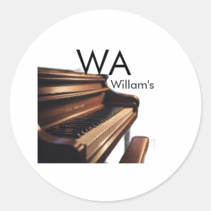 Brown wood piano table keys monogram name classic round sticker
