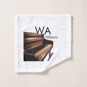 Brown wood piano table keys monogram name wash cloth
