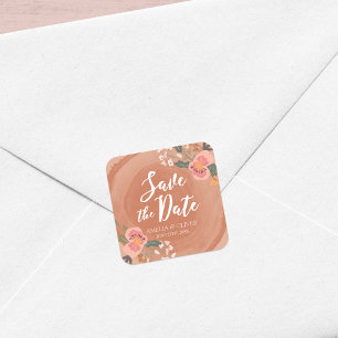 Brown Wood Rustic Floral Save the Date Square Sticker