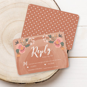 Brown Wood Rustic Floral Wedding RSVP Reply Card