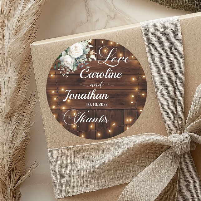 Brown Wood Rustic String Light White Roses Wedding Classic Round Sticker (Creator Uploaded)
