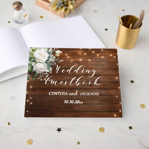 Brown Wood Rustic String Lights Floral Wedding Guest Book