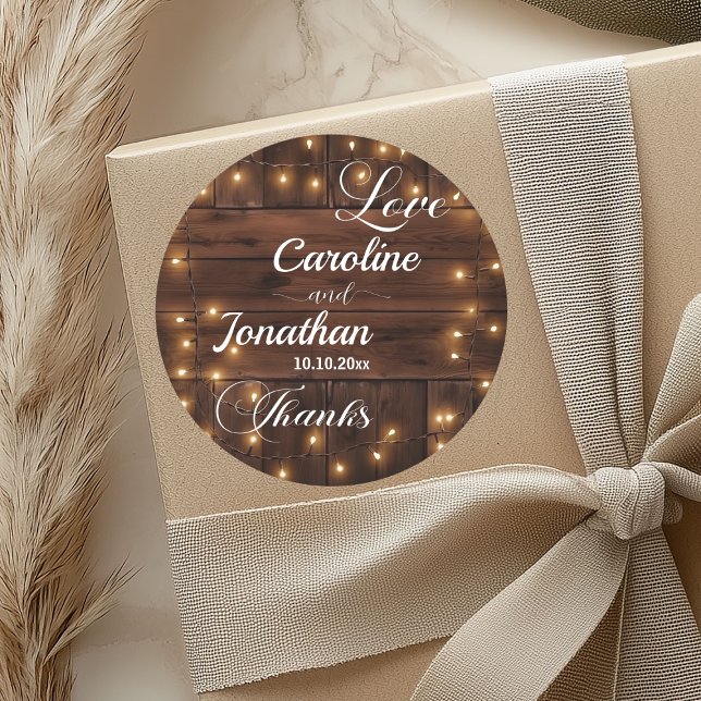 Brown Wood Rustic String Lights Wedding Classic Round Sticker (Creator Uploaded)