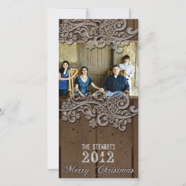 Brown Wood Silver Country Photo Christmas Card (Front)