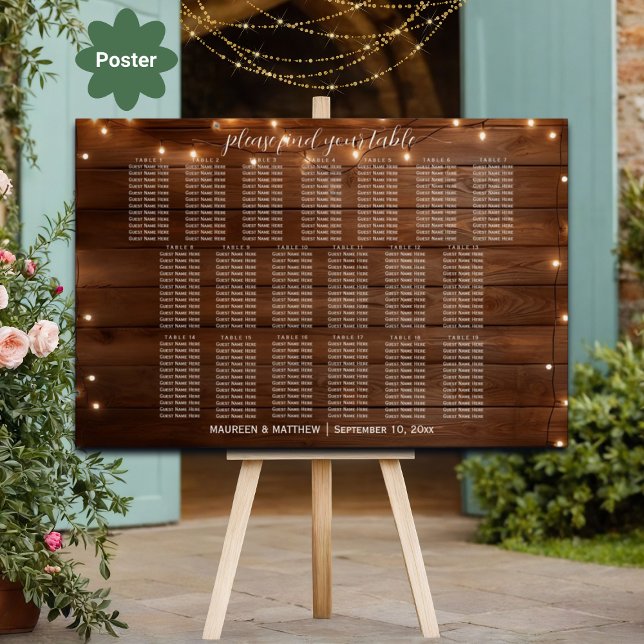 Brown Wood String Lights 19 Tables Wedding Seating Poster (Creator Uploaded)