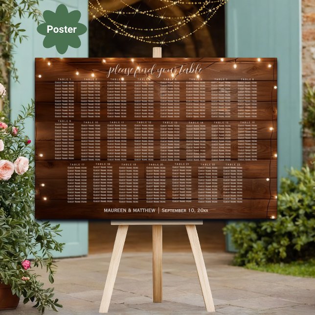 Brown Wood String Lights 23 Tables Wedding Seating Poster (Creator Uploaded)