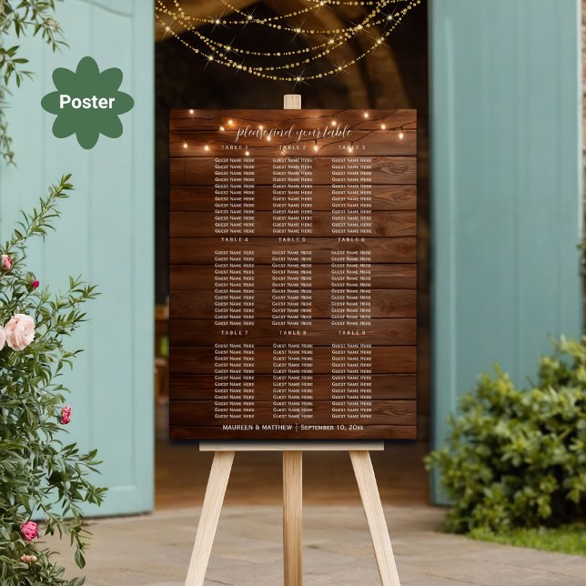 Brown Wood String Lights 9 Tables Wedding Seating Poster (Creator Uploaded)