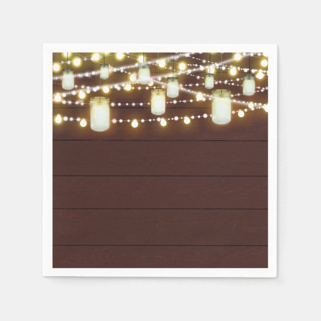 Brown Wood & String Lights Country Rustic Party Napkin (Front)