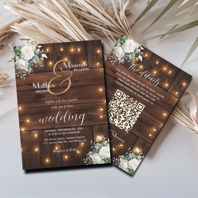 Brown Wood String Lights QR Code Roses Wedding Invitation (Creator Uploaded)