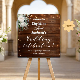 Brown Wood String Lights Wedding Welcome Poster