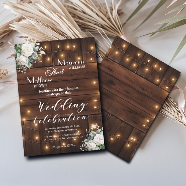 Brown Wood String Lights White Roses Wedding Invitation (Creator Uploaded)
