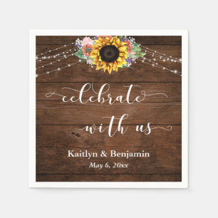 Brown Wood Sunflower Lights Celebrate with Us Napkin