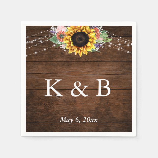 Brown Wood Sunflower Lights Initials & Date Napkin (Front)