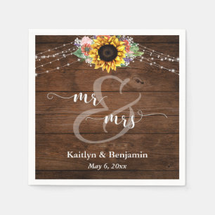 Brown Wood Sunflower Lights Mr and Mrs Napkin