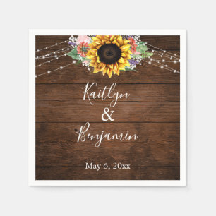 Brown Wood Sunflower Lights Names & Date Napkin