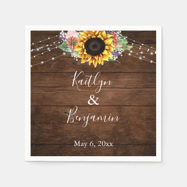 Brown Wood Sunflower Lights Names & Date Napkin (Front)