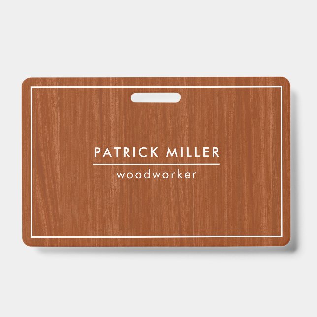 Brown Wood Texture Print White Typography ID Badge (Front)