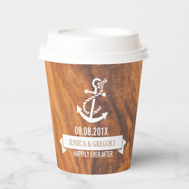 Brown Wood Texture White Nautical Boat Anchor Pape Paper Cups (Front)